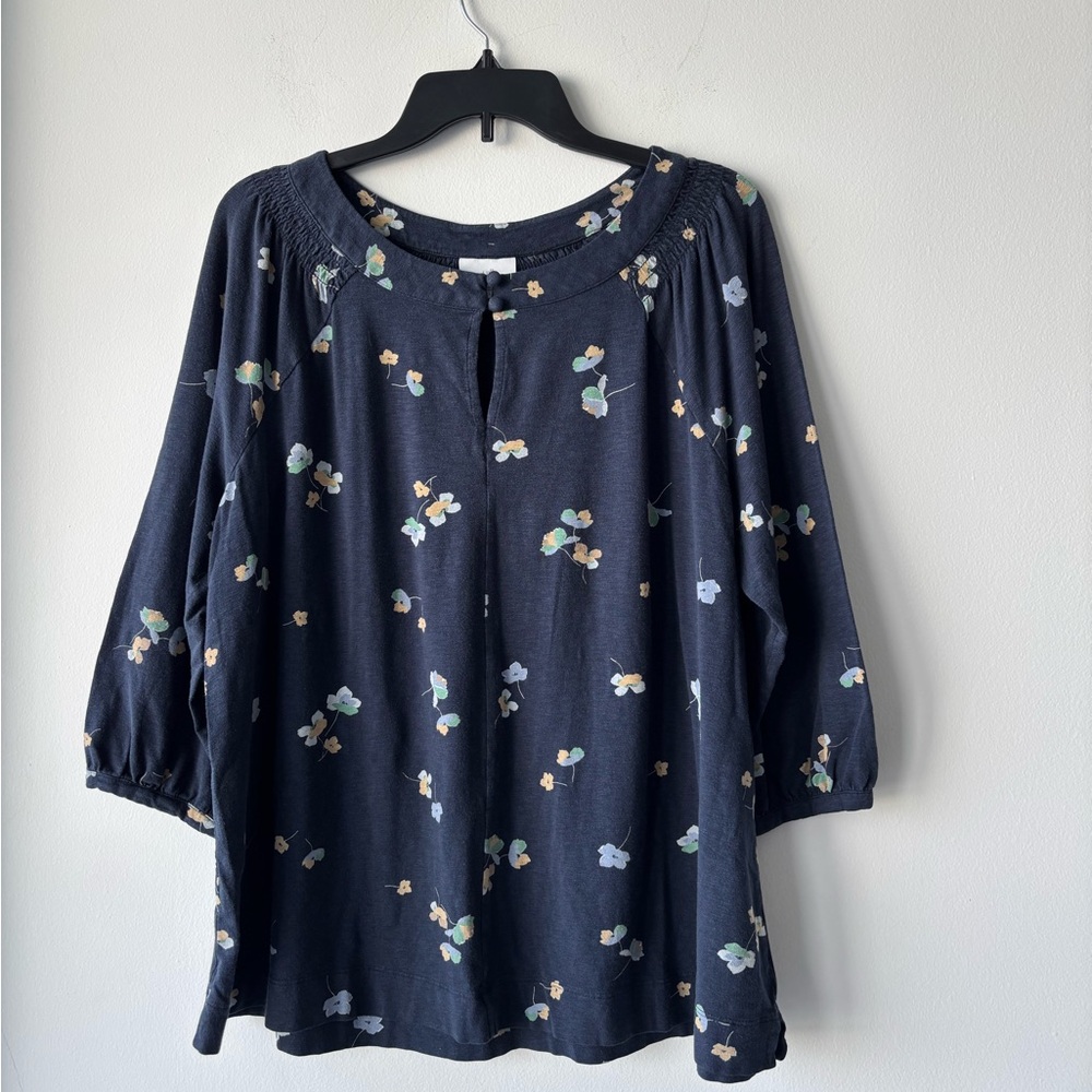 J. Jill Popover Top Blue Floral Cotton Modal Womens L Boho Office Casual